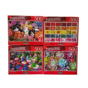 4 PUZZLES 500 pc each Kitten Gnome Succulents Flowers NEW Unopened 18 1/4" x 11"